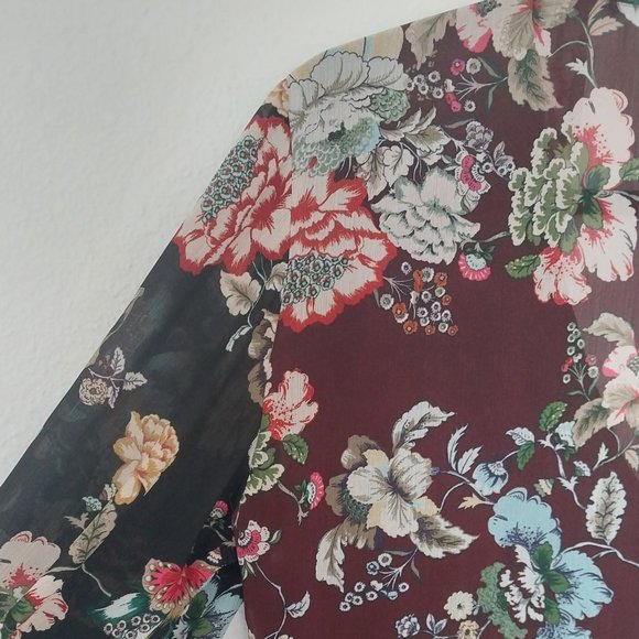 Zara Emerald Green & Burgundy Floral Chiffon Tie Neck Midi Dress - Picture 12 of 15